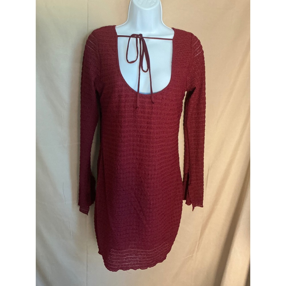 Textured Knit Mini Dress small Burgundy Long Bell Sleeve Scoop Neck Tie Front